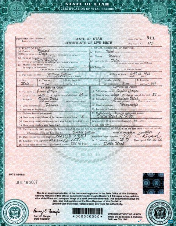 Download USA Utah state birth certificate template in PSD format Photoshop template